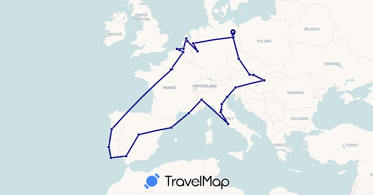 TravelMap itinerary: driving in Austria, Belgium, Czech Republic, Germany, Spain, France, Hungary, Italy, Netherlands, Portugal, Slovakia (Europe)