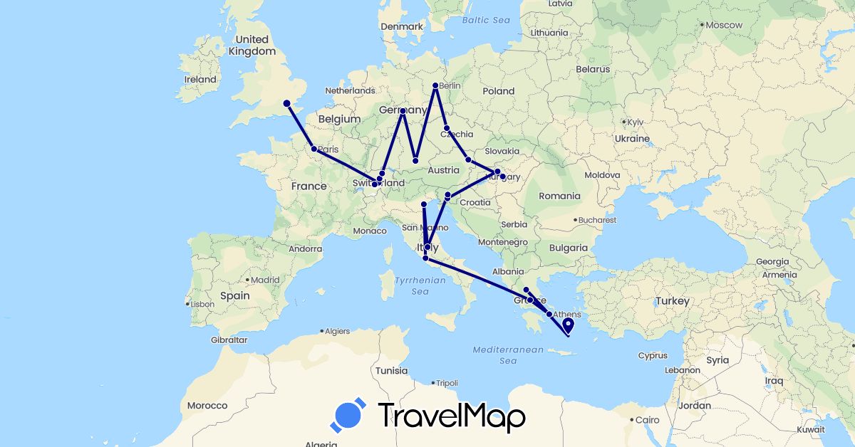 TravelMap itinerary: driving in Austria, Switzerland, Czech Republic, Germany, France, United Kingdom, Greece, Hungary, Italy, Slovenia (Europe)